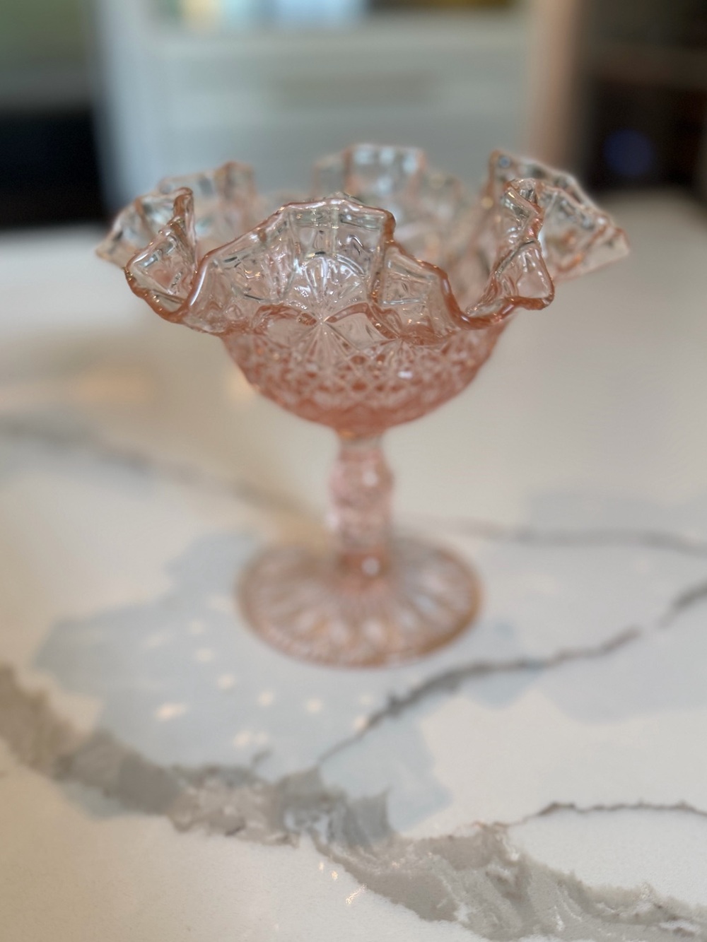 Vintage Fenton Pink Glass Ruffled Compote — Diamond & Starburst — 1970s logo